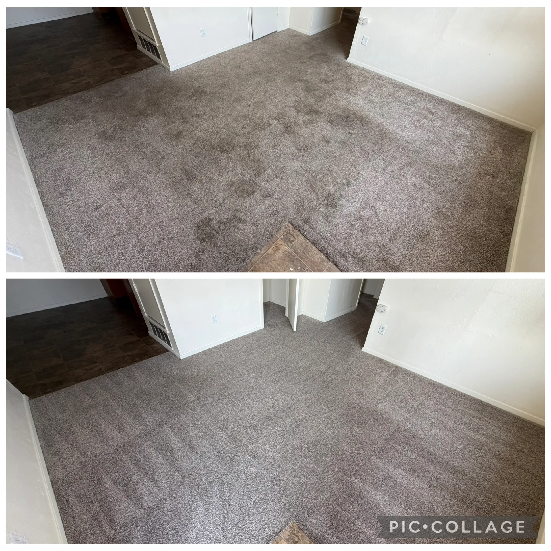 Before and after carpet cleaning on an apartment turnover in Nocona, TX — heavy traffic-lane soiling extracted