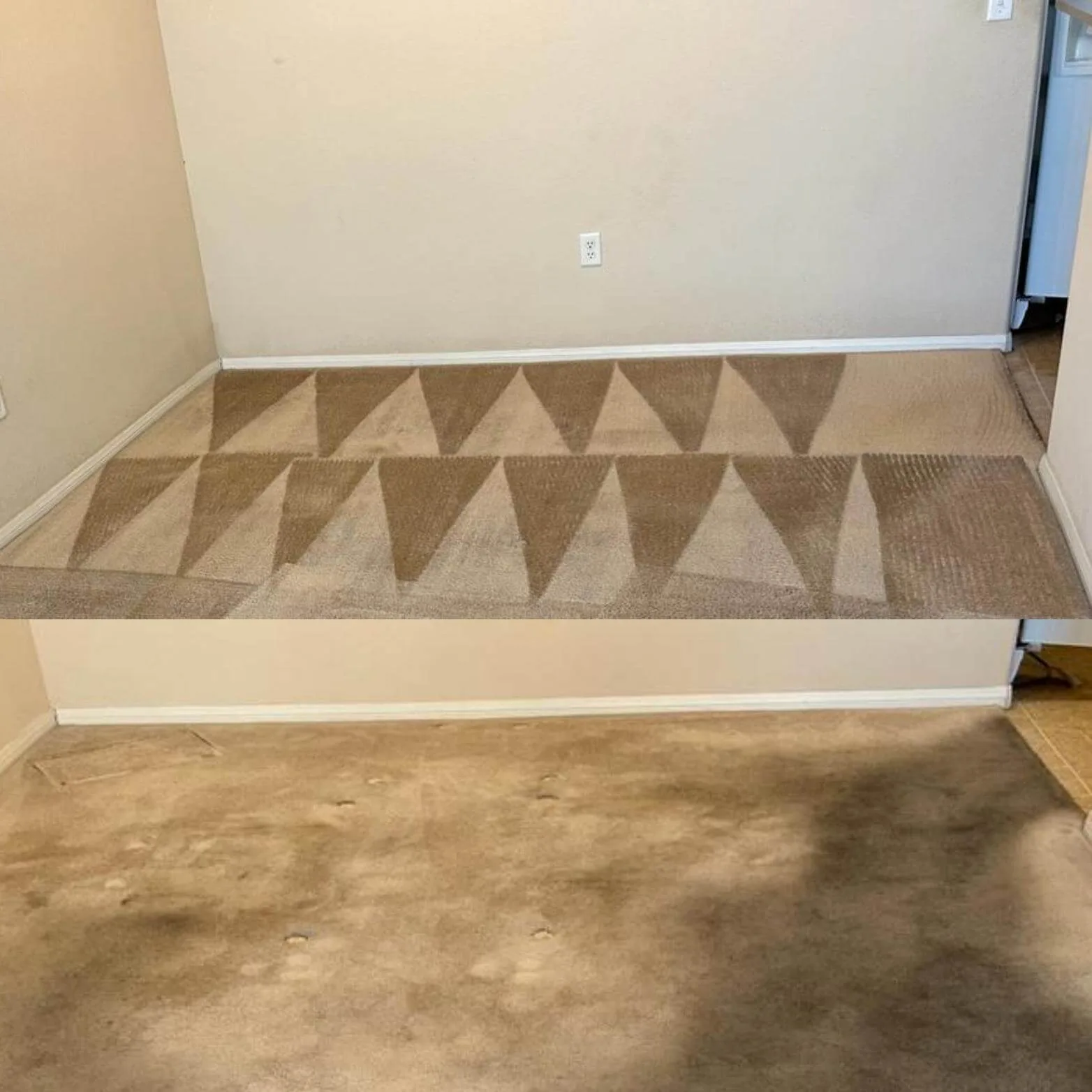 Carpet cleaning before and after — heavy traffic lane soil removed with truck-mount steam extraction