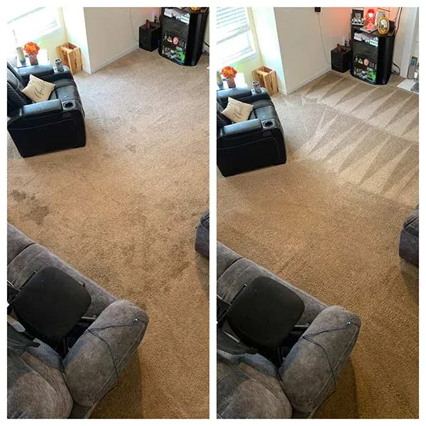 Carpet cleaning before and after in Nocona, TX — living room carpet restored