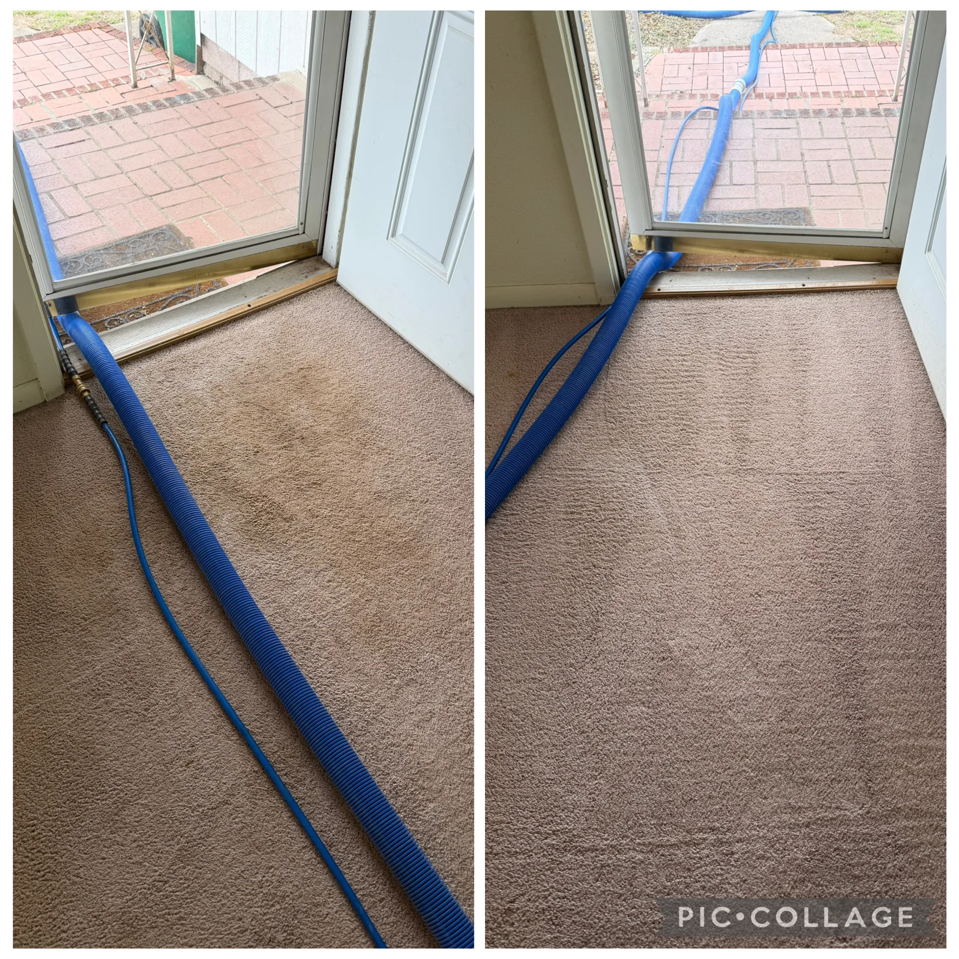 High-traffic entryway carpet cleaning showing heavy soiling steam-extracted to like-new condition