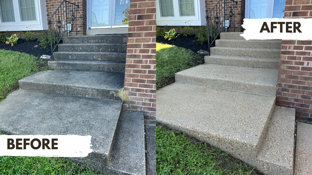 Concrete steps before and after pressure washing — organic staining and grime removed