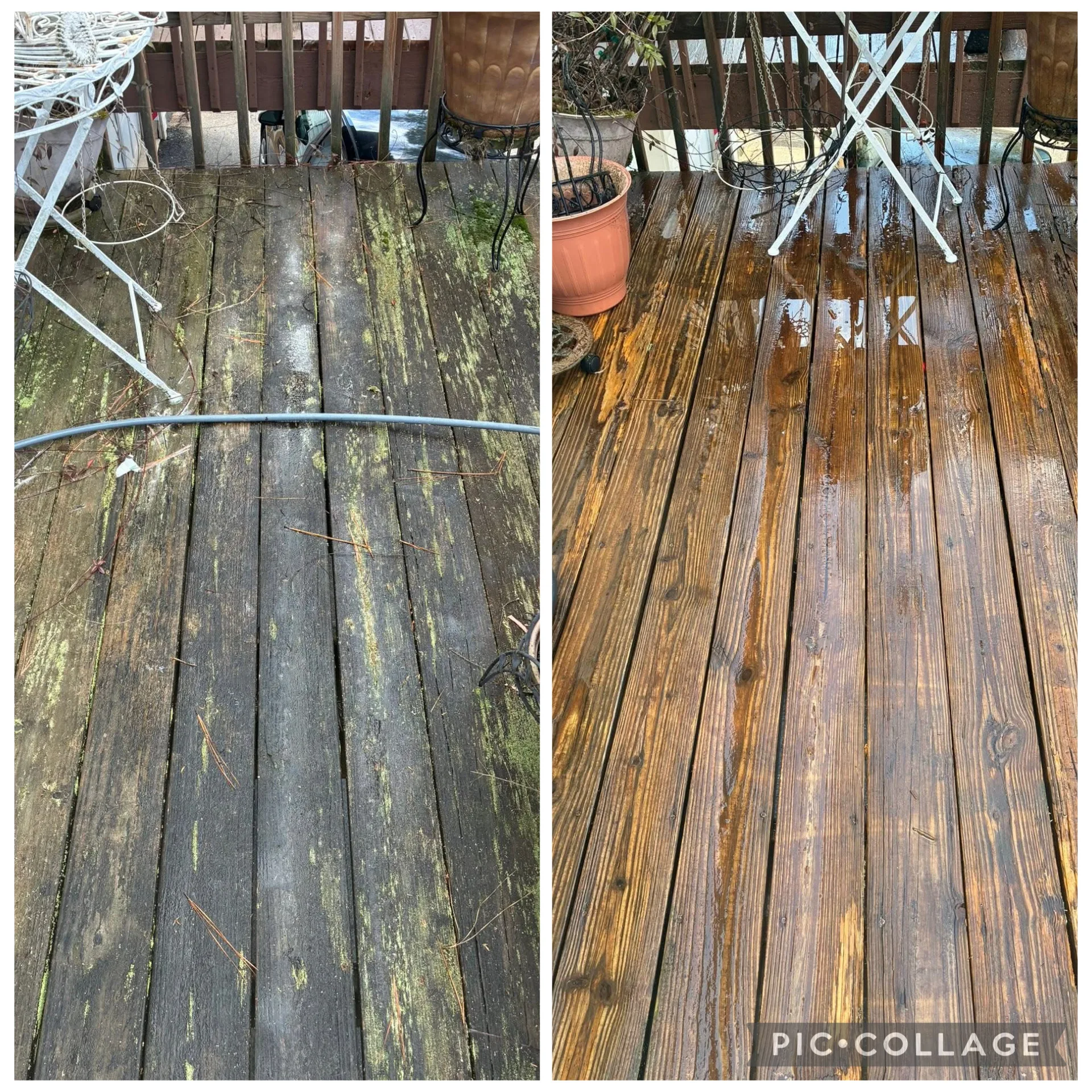 Wood deck cleaning showing moss-covered weathered boards restored to rich natural wood tone