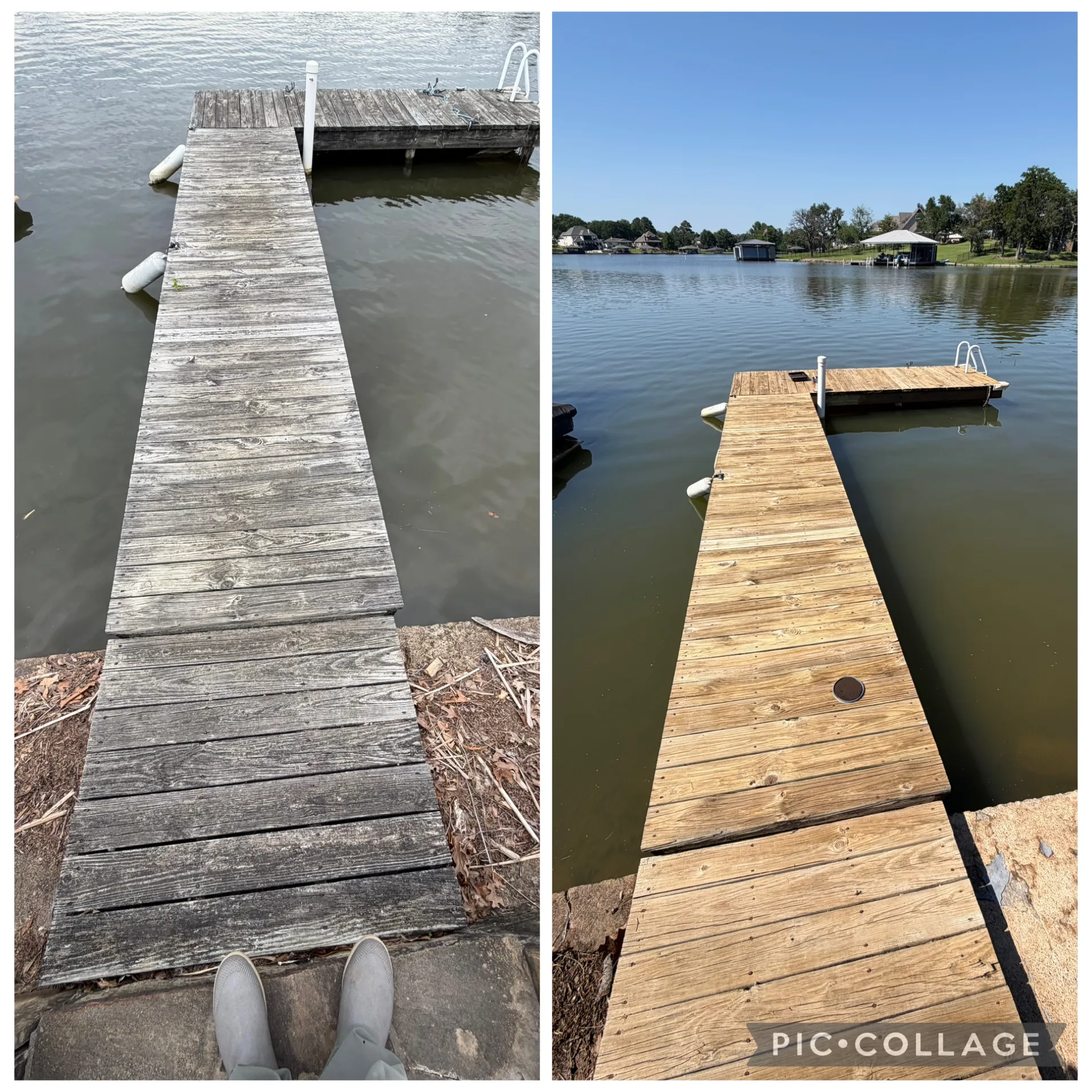 Wood dock restoration showing weathered grey boards transformed to clean golden wood after pressure washing