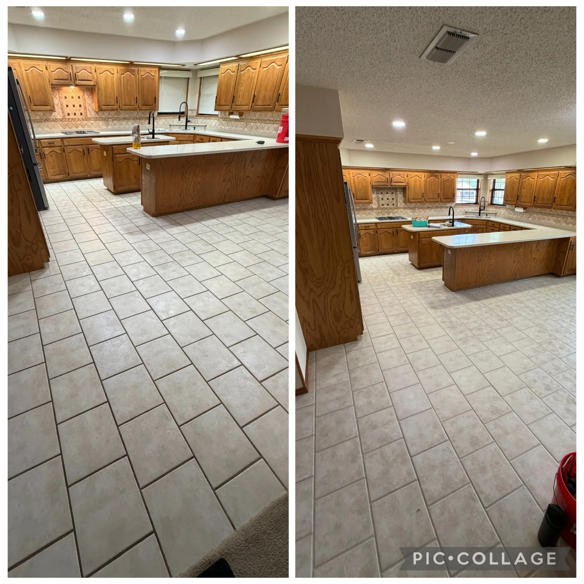 Kitchen tile and grout cleaning showing darkened grout lines restored to clean light grout