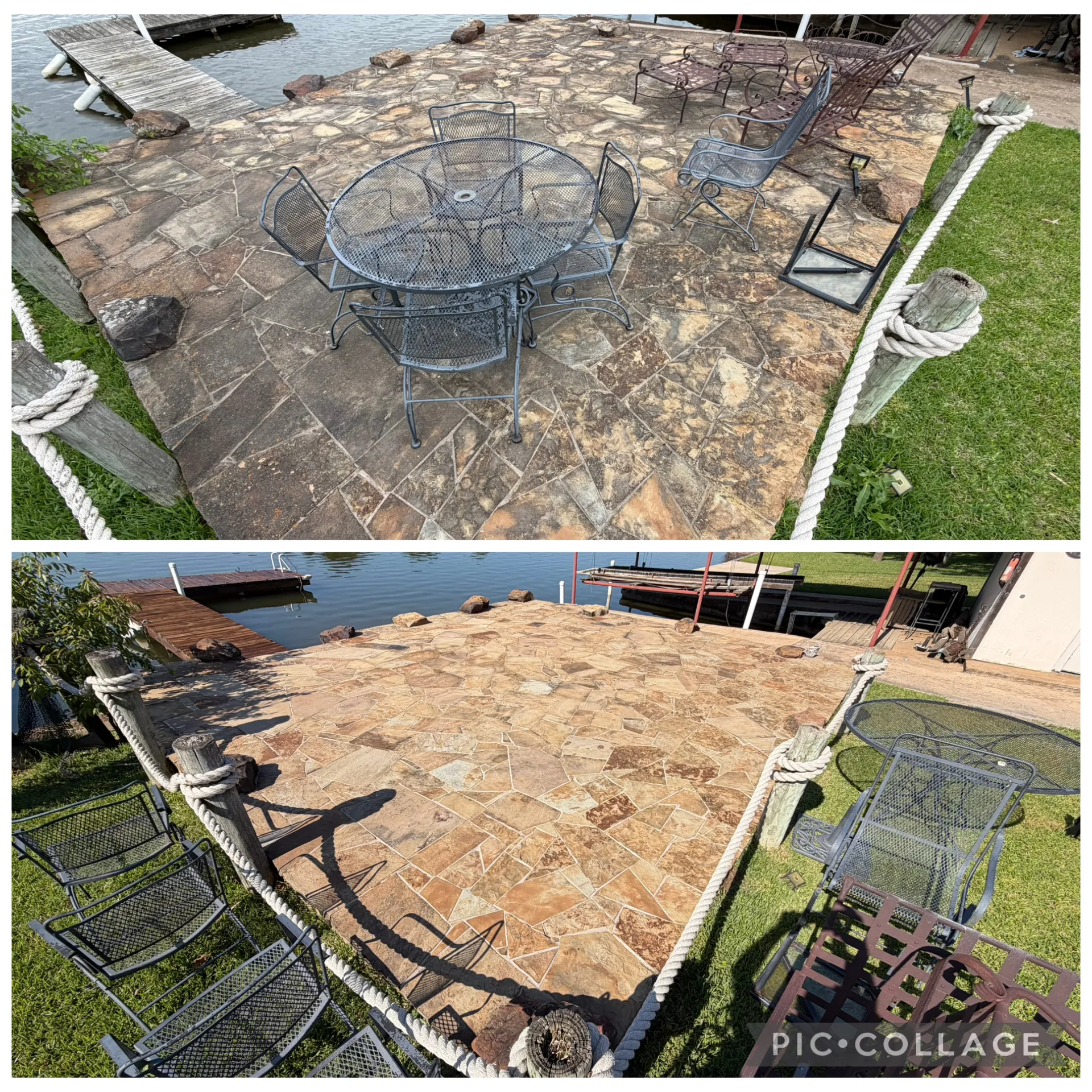 Stone patio before and after pressure washing — algae and weathering removed