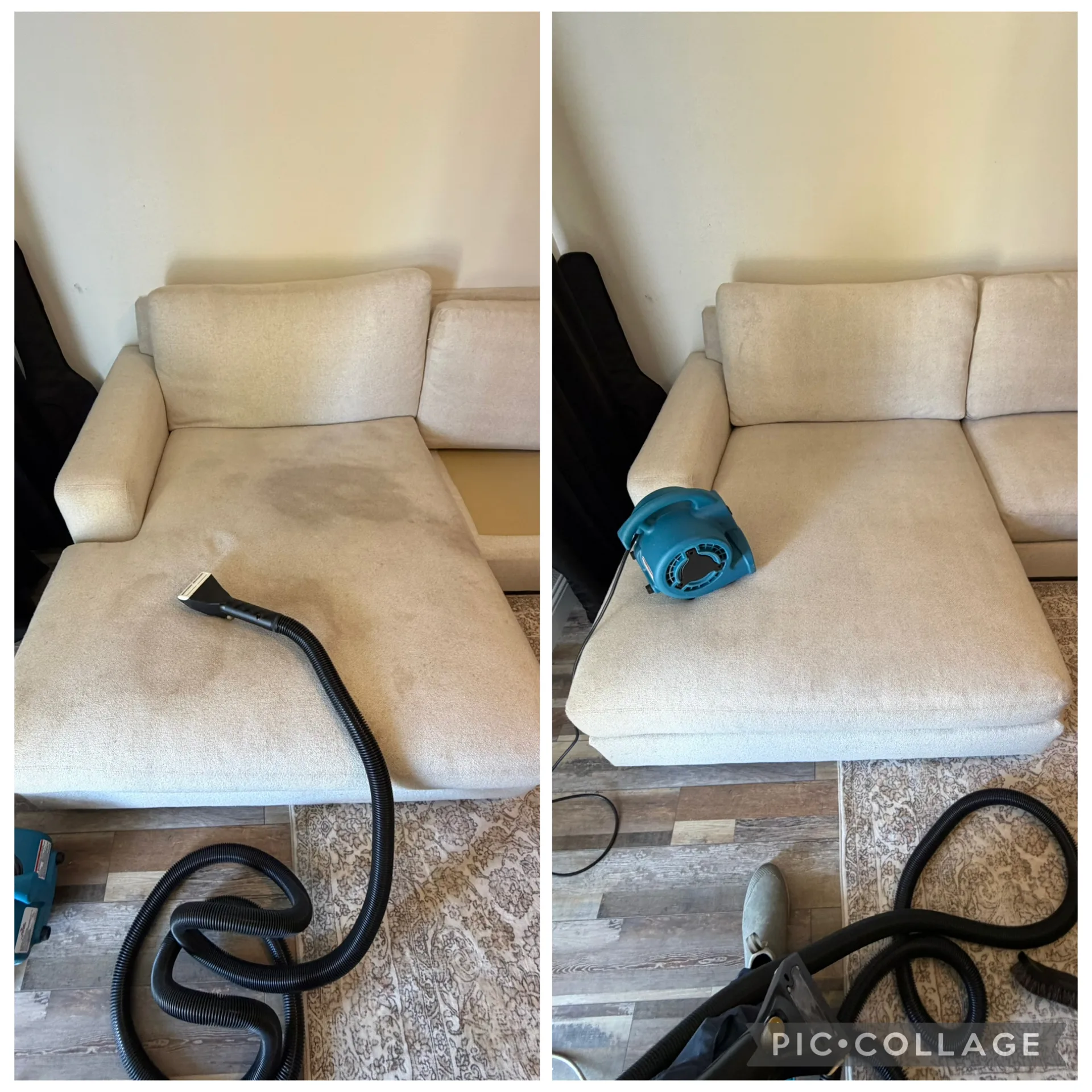 Before and after upholstery cleaning on a light sectional in Bowie, TX — staining lifted with hot-water extraction