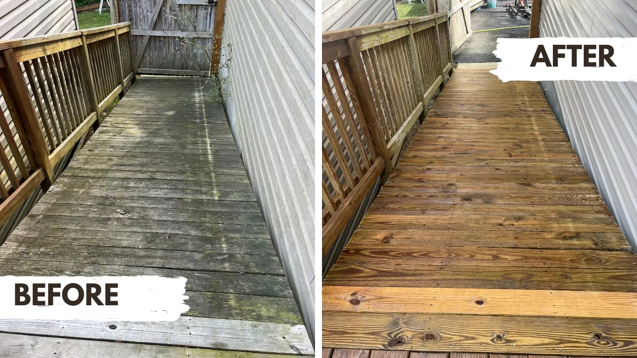 Exterior wood stairs before and after cleaning and restoration — grey weathering removed
